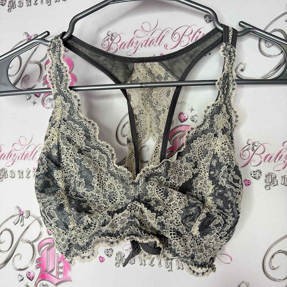 Black bow bra bralette grey cream white lace floral open criss cross back sexy